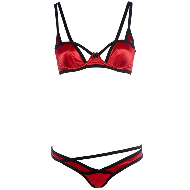 Sexy Red Satin Bra Set with Hollow Detail for Small Bust