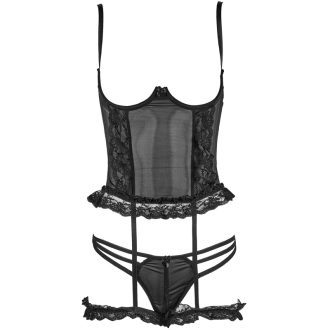 Black Lace Mesh Corset Socks Ring Open File Lingerie Set