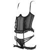 Black Lace Mesh Corset Socks Ring Open File Lingerie Set