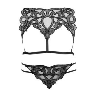 Black Embroidered Hollow-out Low Waist Open Crotch Panties with Letter Ring