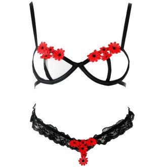 Small Chest AA Cup Sexy Underwear Open Set Chest Set Women’s Sexy Lace Embroidered Daisy Hollow