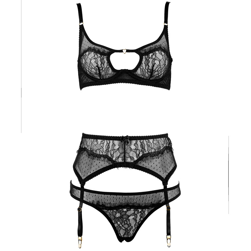 Women's Dot Mesh Eyelash Lace Bra & Briefs Set with Heart Buckle - Image 4