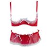 Sexy lingerie exposed breast low waist thong set chest support set women's sexy lace polka dot mesh fabric Red