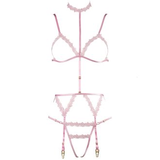 Pink Floral Lace Halter Thong Set with Adjustable Straps