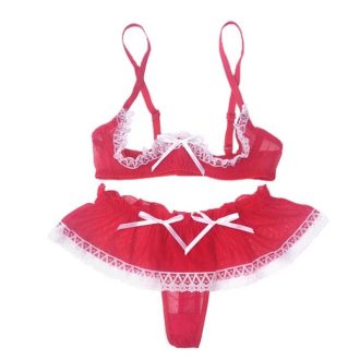Sexy lingerie exposed breast low waist thong set chest support set women’s sexy lace polka dot mesh fabric Red
