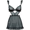 Black Heart Embroidered Mesh Satin Nightgown with Detachable Bra