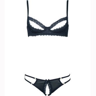 Women’s Lace Trim Mesh Low-Rise Exfoliation Bra & Open Hip Panty Set