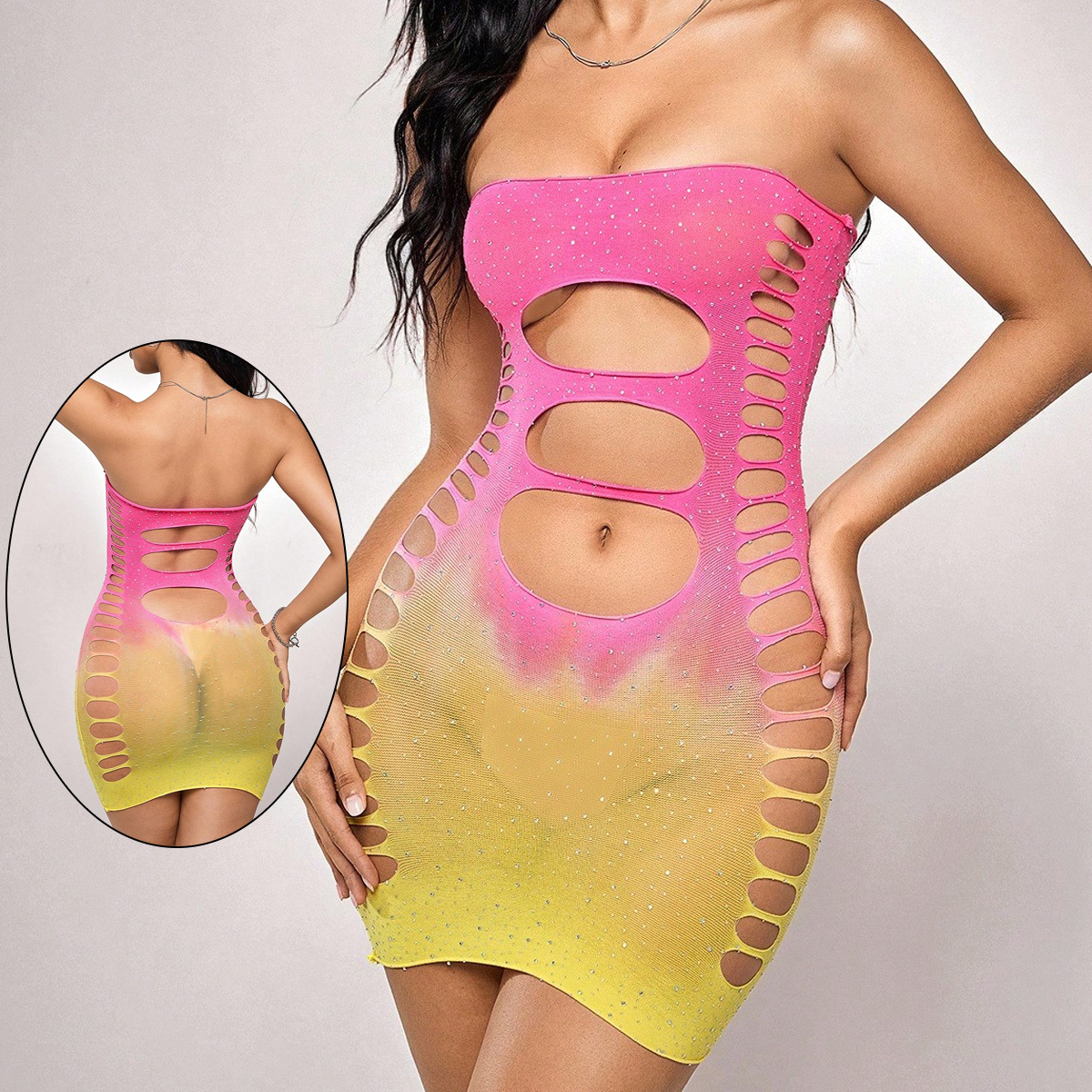 Women's Long Sleeve Hollow Out Mesh Fishnet Bodysuit Bandeau Bikini Style Lingerie - Image 21