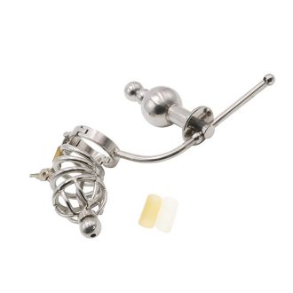 Men’s Stainless Steel Chastity Lock with Anal Plug – Heavy-Duty Penis Cage Device