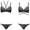 Black Lace Mesh Suspender Bra Jumpsuit with Steel Ring and Open Crotch