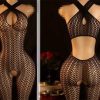 Women's Long Sleeve Hollow Out Mesh Fishnet Bodysuit Bandeau Bikini Style Lingerie