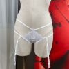 White Lace Cut Out Underwire Bra & Garter Panty Set - Blue