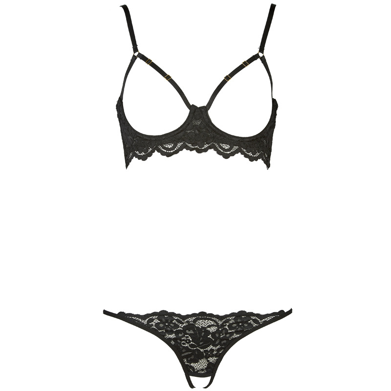 Black Lace Hollow-out Bra & Open Crotch Panty Set - Sexy Lingerie Sling Underwear for Women - Image 3