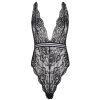 Black Lace See-Through Mesh Sexy Jumpsuit Nightdress with Triangle Cups & Garter