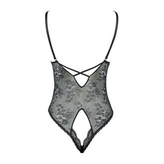 Black Lace See-Through Jumpsuit Pajamas with Open Crotch and Temptation Straps for Women
