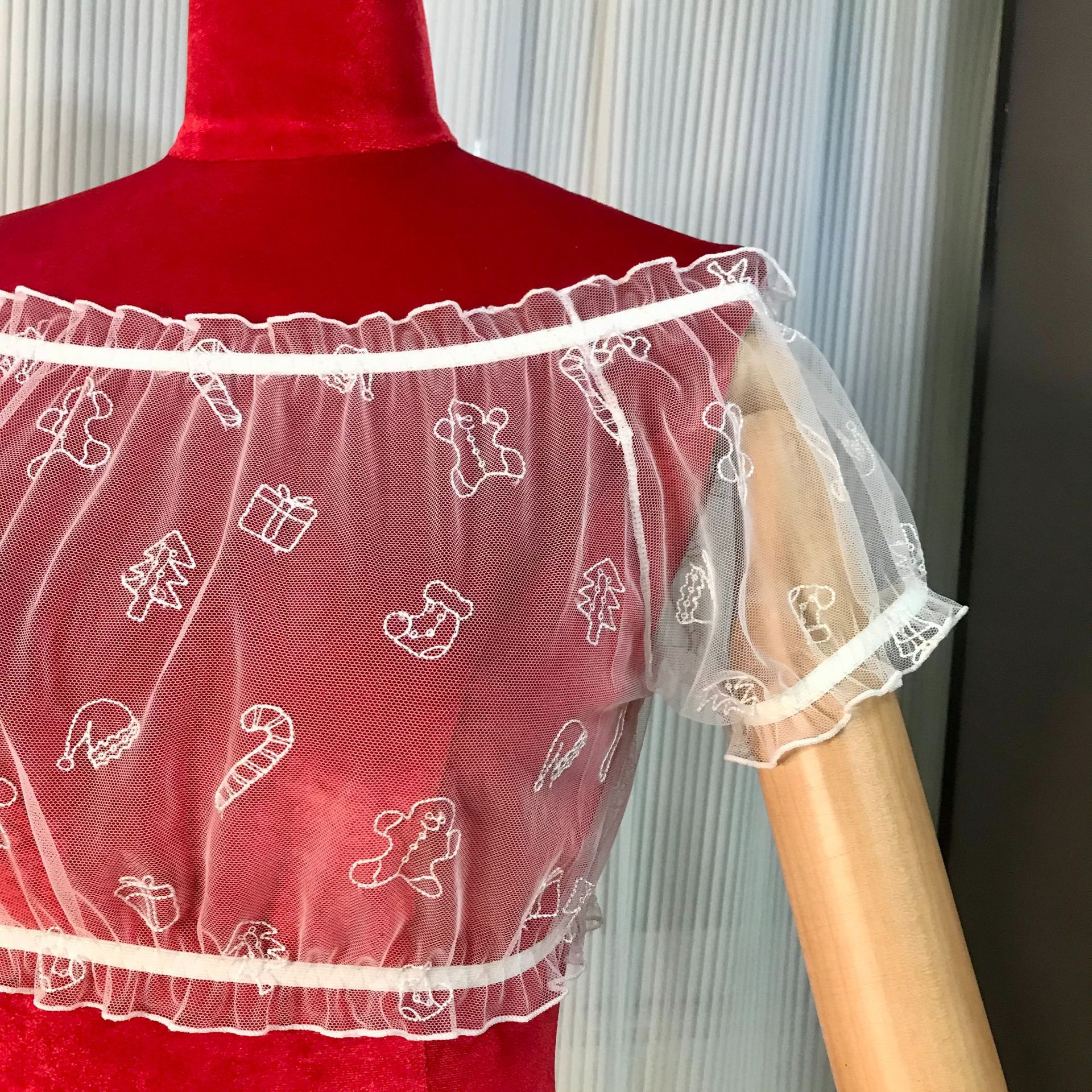 Christmas Tulle One-Shoulder Bow Pleated Short Uniform Suit - Image 3