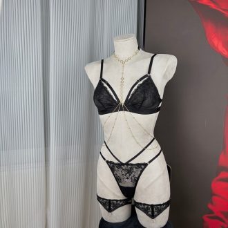 Red Embroidered Triangle Cup Mesh Lined Halter Body Chain Low Waist T-Pants