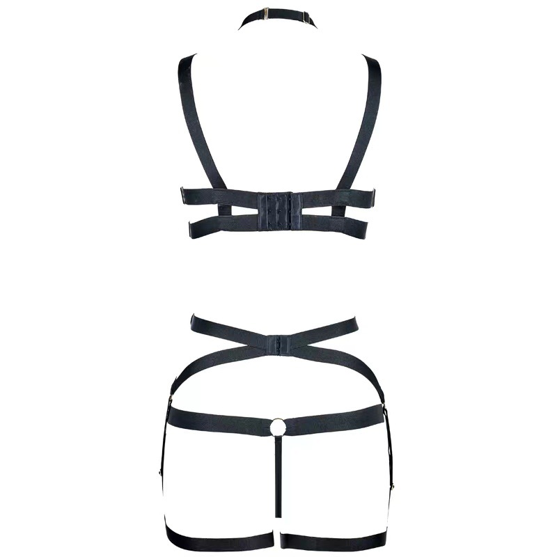 Matte Faux Leather Halter Bra & Thong Set with Adjustable Steel Ring and Leg Garter - Image 2