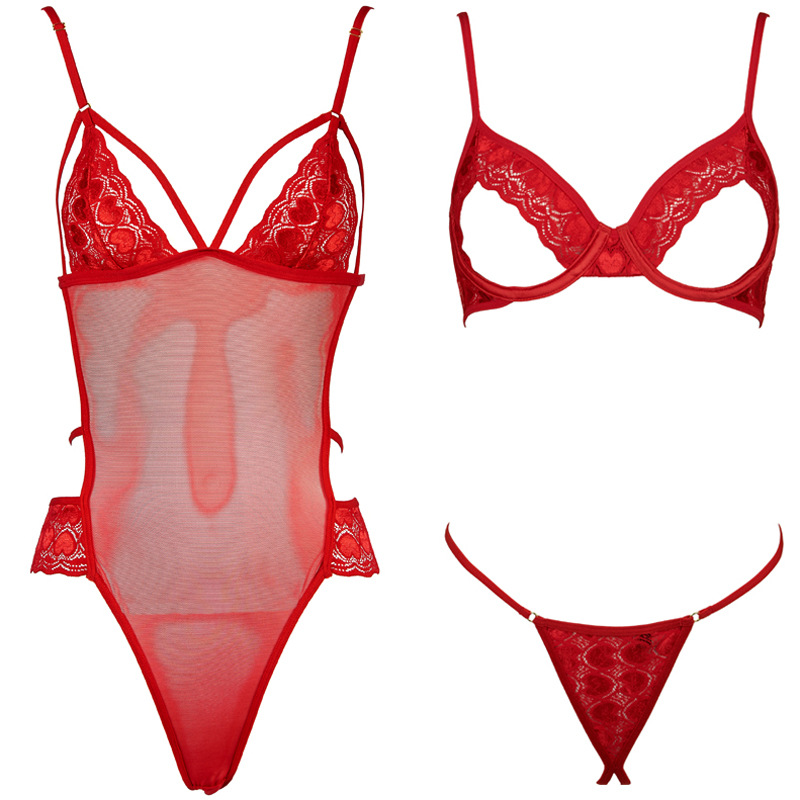 Valentine's Day Gift Sexy Underwire Open-Chest Heart Lace Crotchless Thong Set Erotic