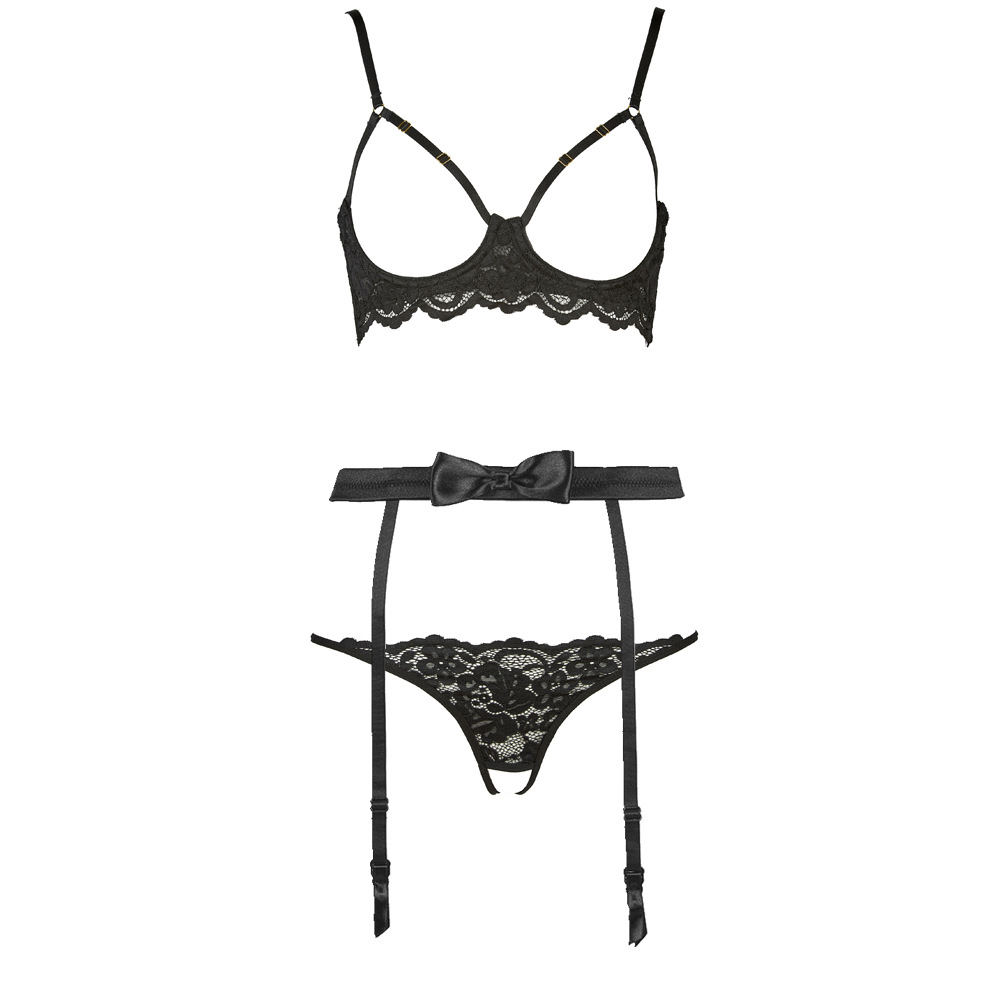 Black Lace Hollow-out Bra & Open Crotch Panty Set - Sexy Lingerie Sling Underwear for Women - Image 2