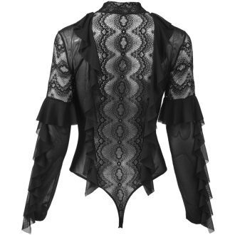 Sexy Black Lace Mesh Button Long Sleeve Jumpsuit for Women