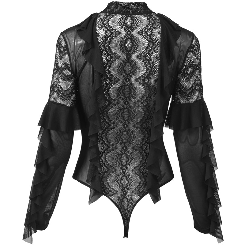 Sexy Black Lace Mesh Button Long Sleeve Jumpsuit for Women - Image 2