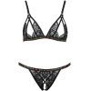 Black Lace Mesh Suspender Bra Jumpsuit with Steel Ring and Open Crotch