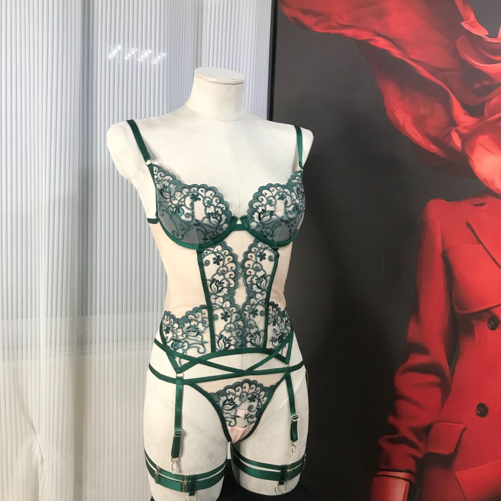 FQ2859 Mesh Embroidery Hollow Steel Ring G-String Leg Harness - Image 6