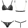 Black Lace Triangle Cup Wireless Bra & Low Waist Thong Set with Gold Chain Strap