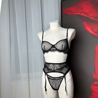 Eyelash Lace Polka Dot Mesh Bra & Thong Set