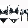Sexy Patent Leather Micro Elastic Bra & Garter Belt Set