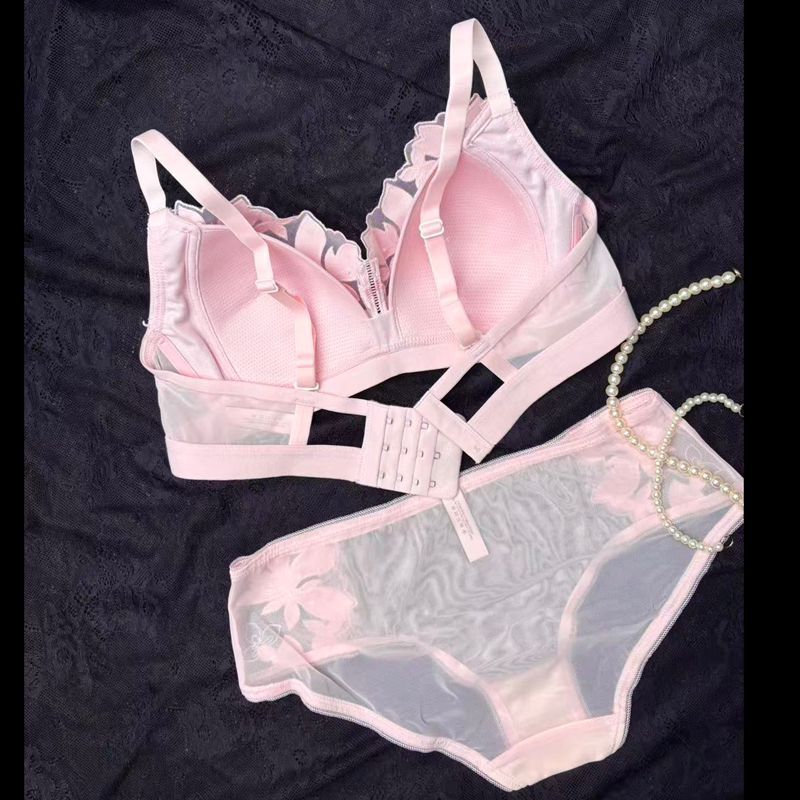 Laser Embroidered Wire-Free Breathable Cotton Bra Set with Thin Mesh Splicing - Image 3