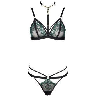 Delicate Green Embroidery Black Mesh Triangle Cup Thong Suit with Diamond Chain Neck