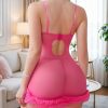 Sexy Pink Plush Lace Cutout Ultra Short Sling Nightdress Lingerie
