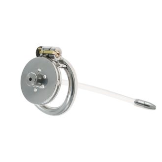 Stainless Steel Flat Short Chastity Device with Flexible Tube for Men