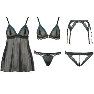 Valentine’s Day Mesh Lingerie Set with Garter Belt & Open-Crotch Pants – Romantic Gift Box