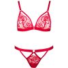 Red Rose Embroidered Halter Neck Diamond Chain French Triangle Cup Cut Out Low Waist Panty Set for Women