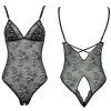 Black Lace See-Through Jumpsuit Pajamas with Open Crotch and Temptation Straps for Women