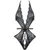 Black Lace Mesh Suspender Bra Jumpsuit with Steel Ring and Open Crotch