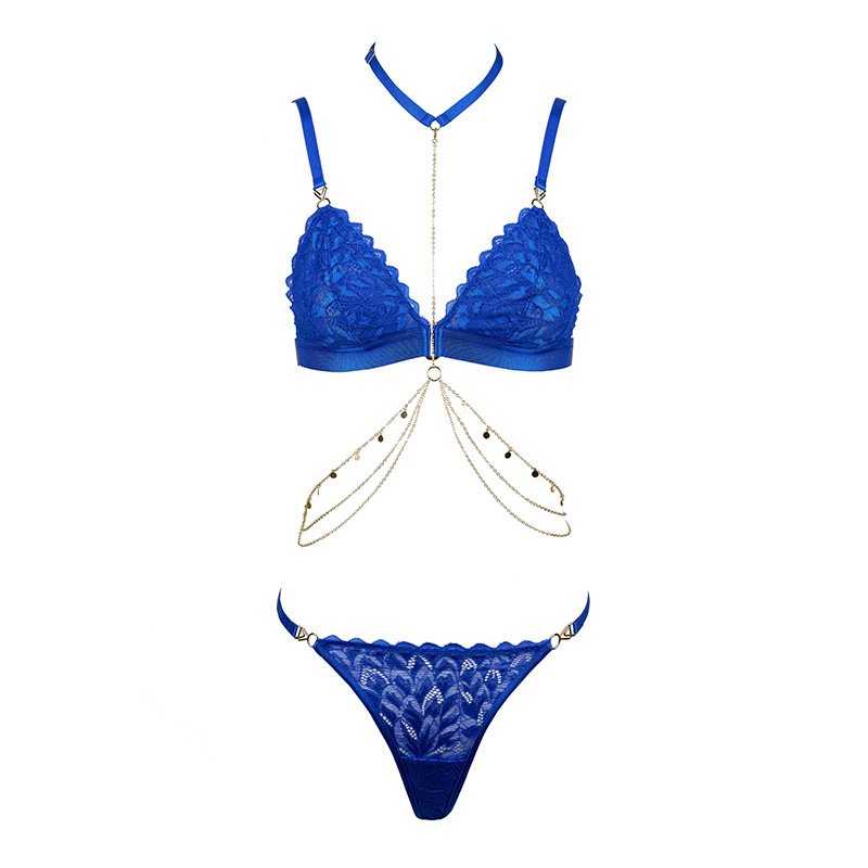 Gold Chain Halter Lace Bralette Thong Set