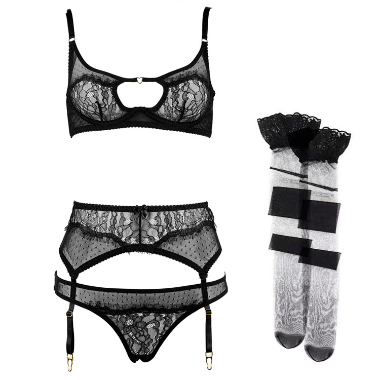 Women's Dot Mesh Eyelash Lace Bra & Briefs Set with Heart Buckle - Image 6