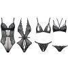 Black Lace Mesh Suspender Bra Jumpsuit with Steel Ring and Open Crotch