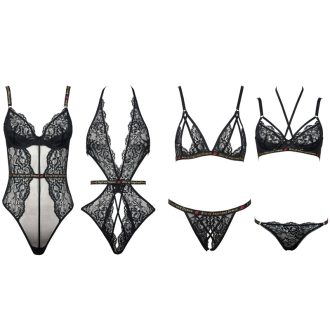 Black Lace Mesh Suspender Bra Jumpsuit with Steel Ring and Open Crotch