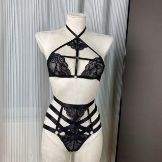 Black Lace Halterneck Light Support Bra & High Waist Panty Set for Women