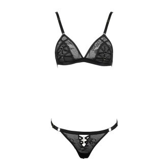 Black Lace Triangle Cup Wireless Bra & Low Waist Thong Set with Gold Chain Strap