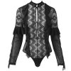 Sexy Black Lace Mesh Button Long Sleeve Jumpsuit for Women