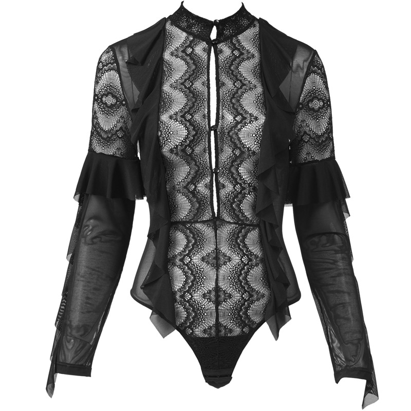 Sexy Black Lace Mesh Button Long Sleeve Jumpsuit for Women