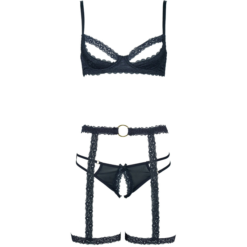 Black Lace Trim Padded Underwire Bra & Thong Garter Set for Women