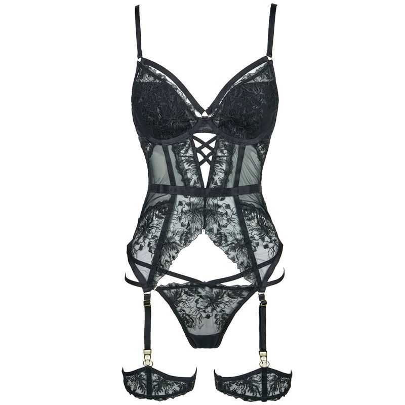 Black Mesh Sheer Embroidered Lingerie Set for Women - Sexy Waist-Cinching Nightdress - Image 3