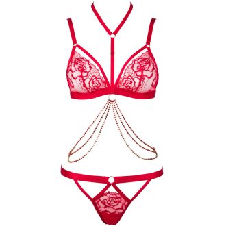 Red Rose Embroidered Halter Neck Diamond Chain French Triangle Cup Cut Out Low Waist Panty Set for Women